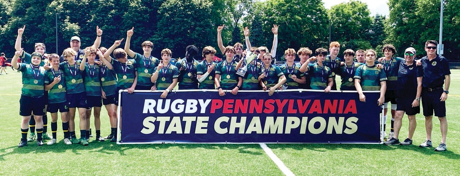 Doylestown Rugby Academy junior team players and coaches celebrate winning the RugbyPA Junior State Championship May 19.