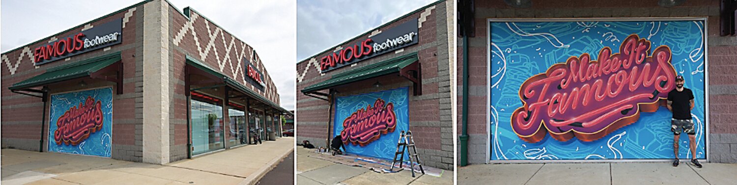 Jimmy McMenamin of Glossblack LLC has created a mural onthe side of the Famous Footwear store in the Warminster Towne Center.