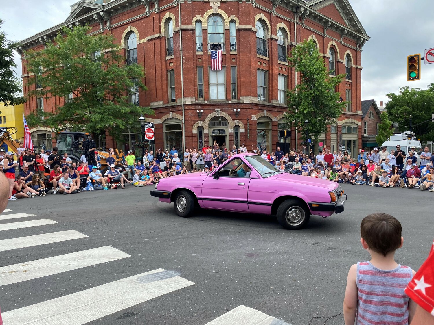 The always popular “backwards car” draws cheers at Doylestown’s Memorial Day Parade.