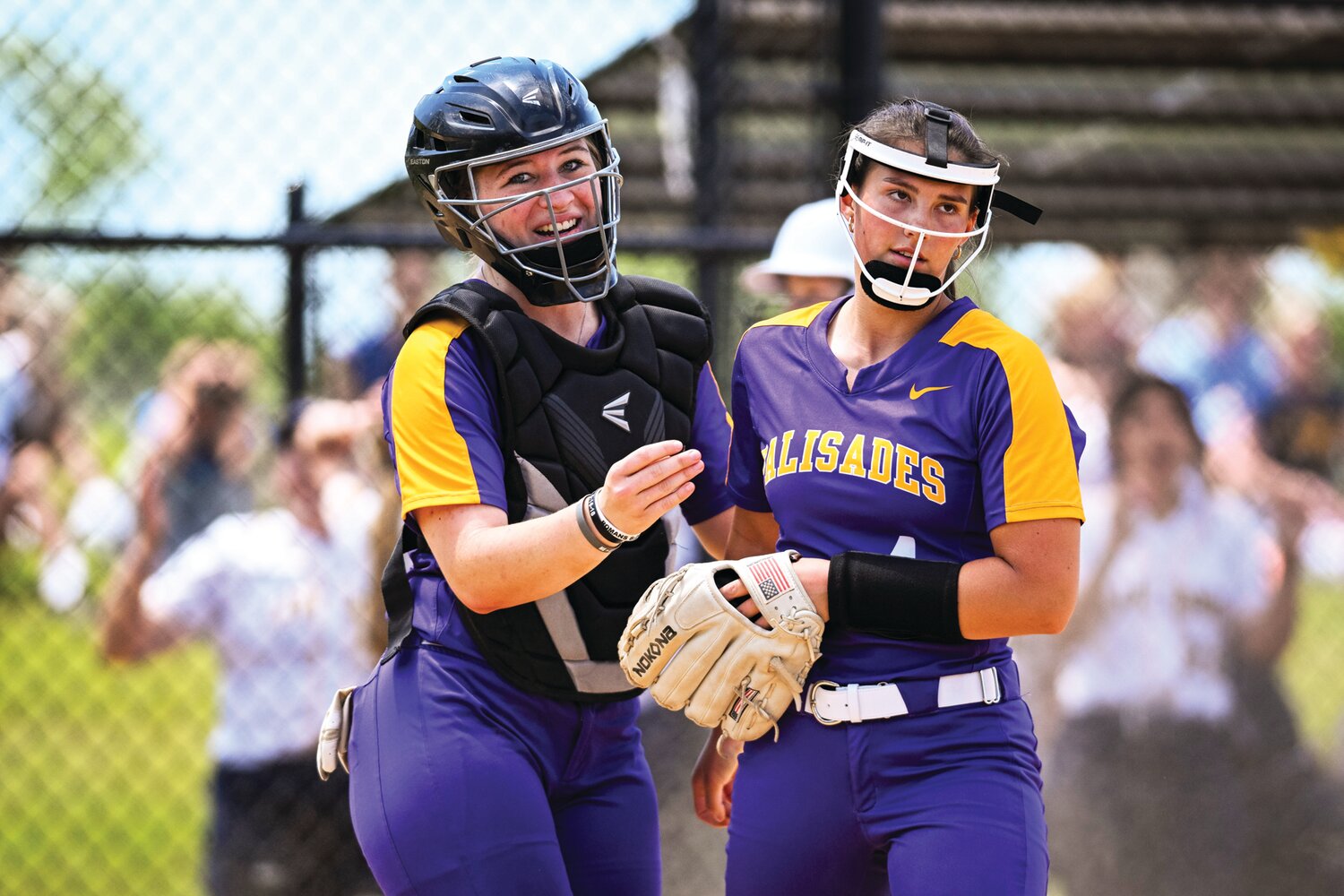 Palisades catcher Bri Hunter and pitcher Karlye Teman celebrate after the final play. Palisades catcher Bri Hunter and pitcher Karlye Teman celebrate after the final play of Friday’s PIAA play-in game.