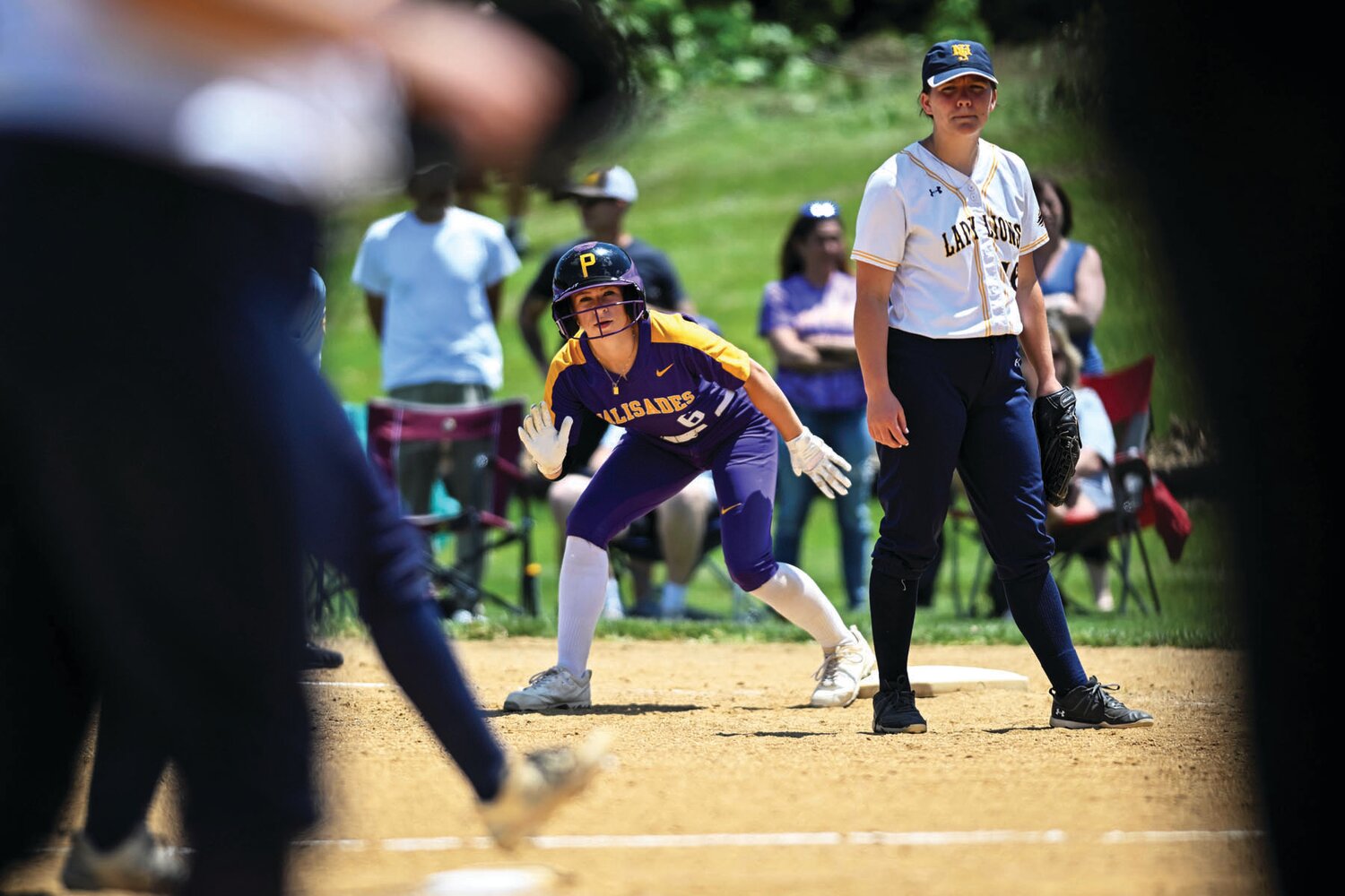 Palisades’ Chesney Mosher leads off first base in the fifth inning of Friday’s PIAA play-in game.