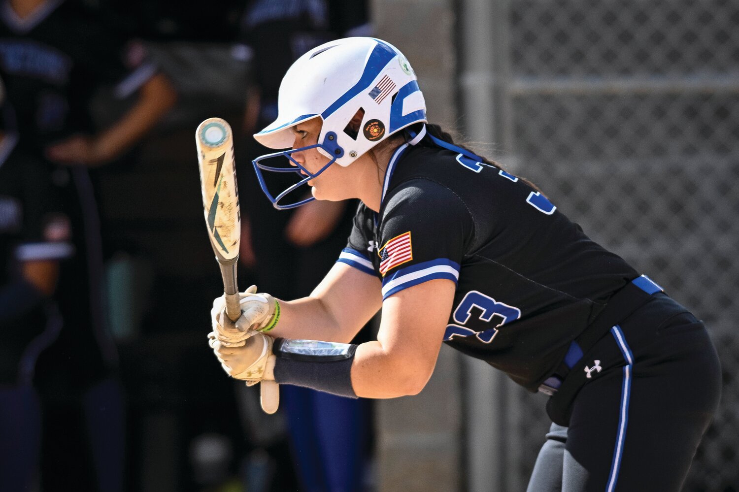 Quakertown’s Ellie Hilton watches her double to right field, giving Quakertown a short-lived 5-4 lead in the top of the fifth inning of the district title game.