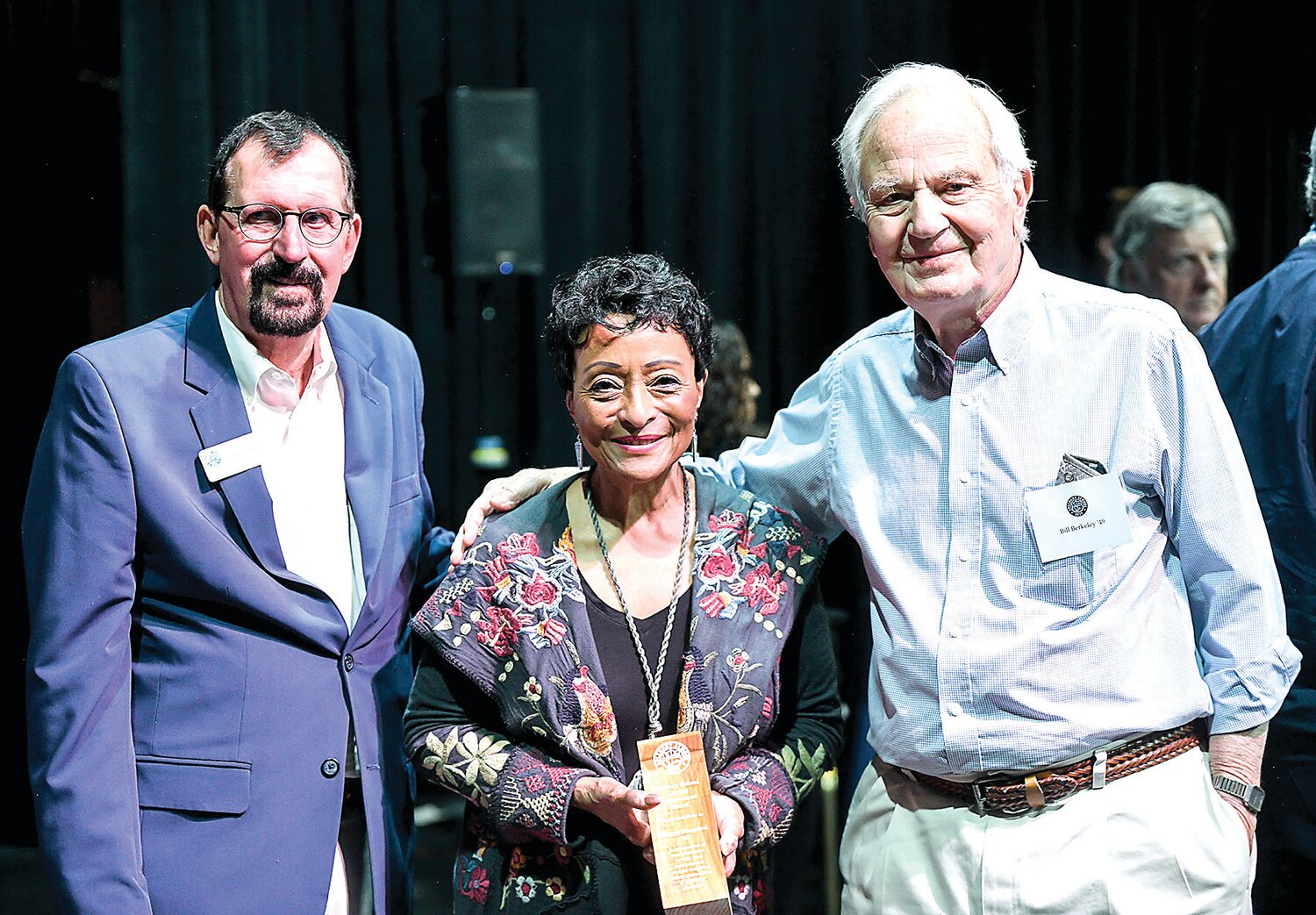 Solebury School Head of School Tom Wilschutz and Alumni Achievement Award recipients Peggy Shepard, Class of 1963, and Bill Berkeley, Class of ’49.