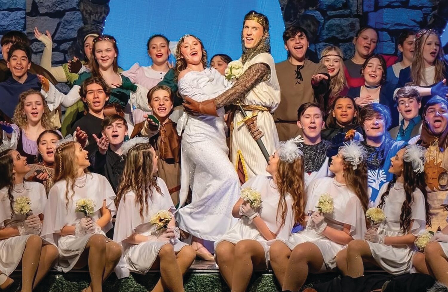 Cameron Krauss, as King Arthur, stands with the cast of the 2024 Neshaminy High School production of “Spamalot.” Krauss took an “Ensemble Award” at the prestigious Jimmy Awards in New York City on June 24.