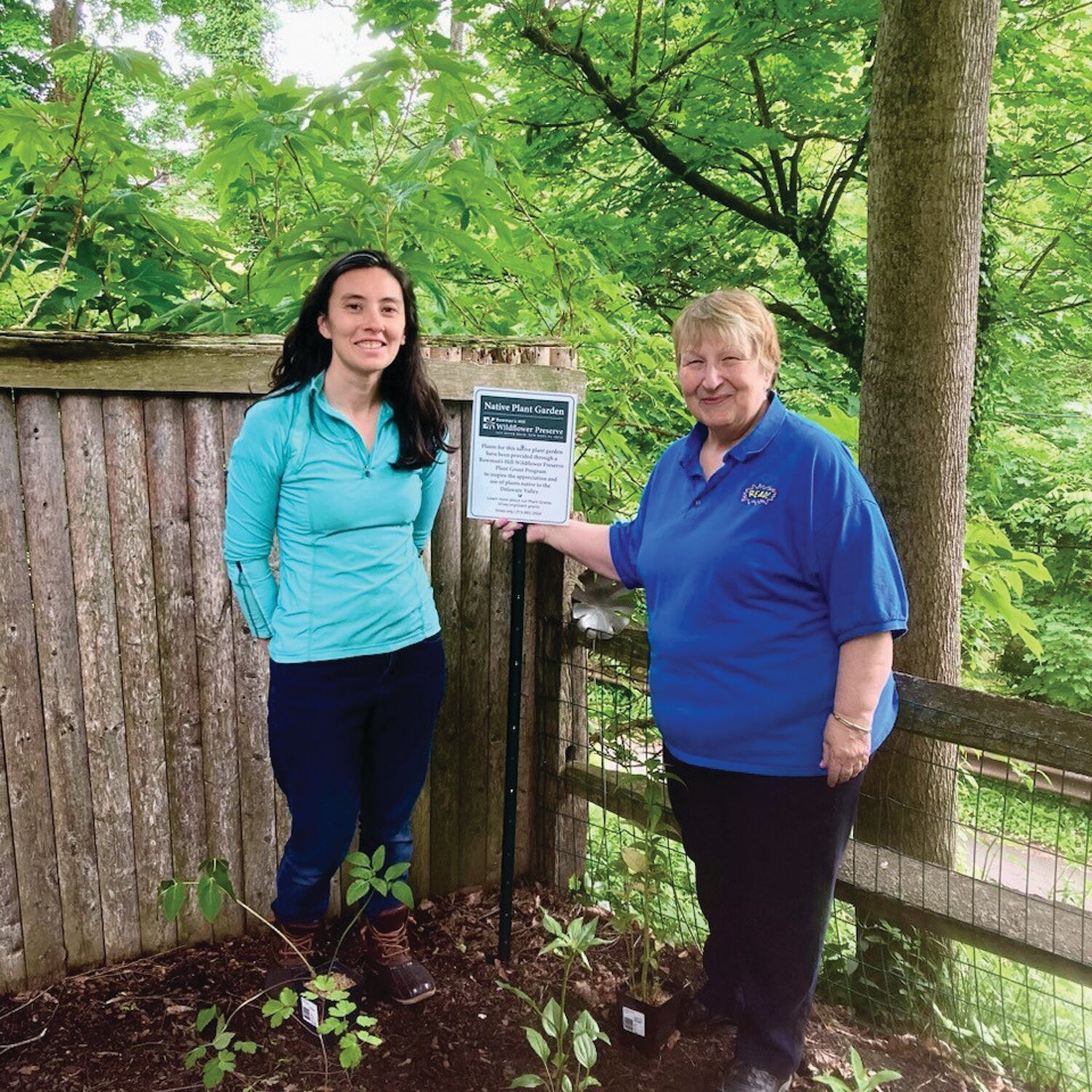 Aquetong Watershed Association President Jade Greene, left and The Free Library of New Hope & Solebury Patricia Lynch worked together to apply for a grant from the Bowman’s Hill Wildflower Preserve.