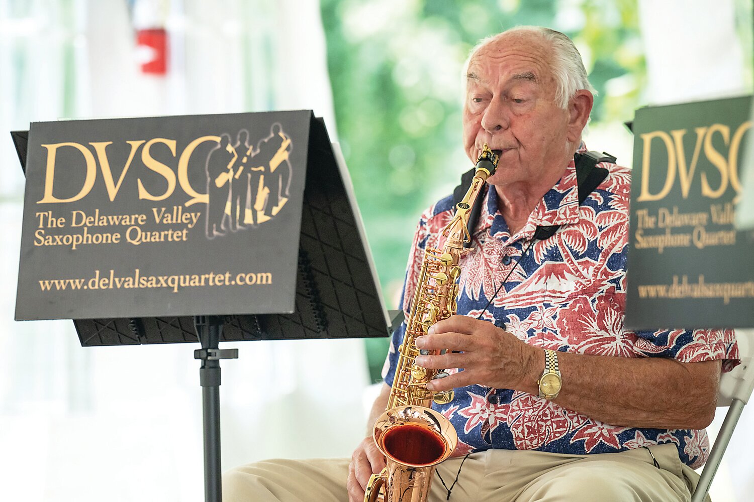 William R. Schutt and the Delaware Valley Saxophone Quartet play for an audience during Fonthill Castle’s annual Fourth of July old-fashioned celebration.