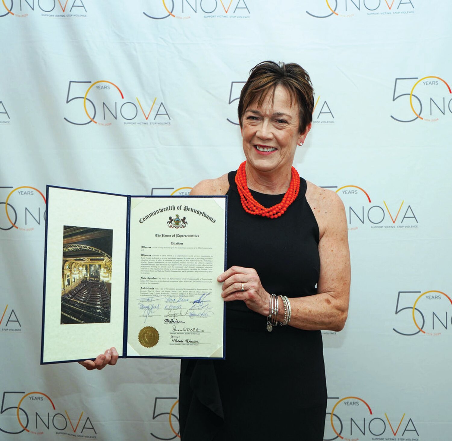 Penny Ettinger, executive director, NOVA, was presented with a proclamation from Pennsylvania state legislators commemorating NOVA’s 50 years of service to Bucks County.