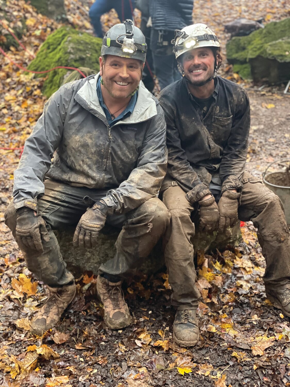 Josh Gates from Discovery Channel’s “Expedition Unknown” and Clint Flack at the Buckingham Township excavation site.