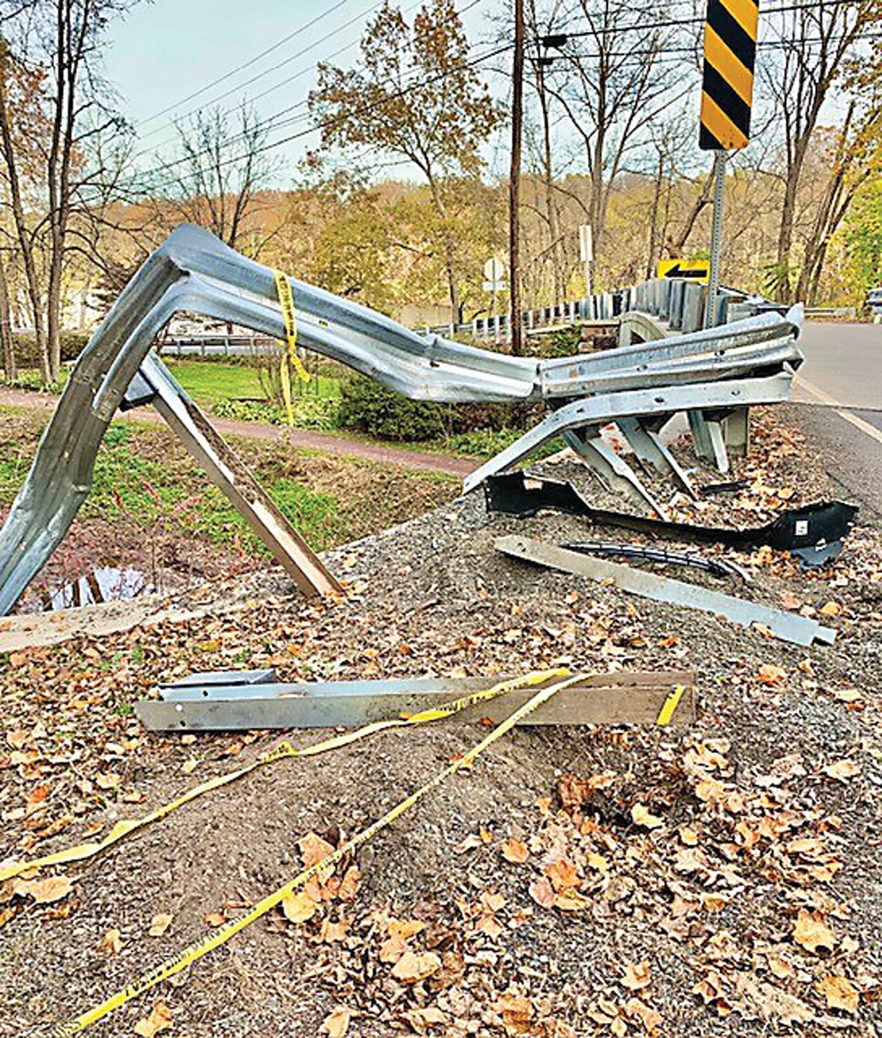 A guardrail on the approach to the Golden Pheasant Bridge was damaged by a truck that couldn’t use the span and attempted to back away.