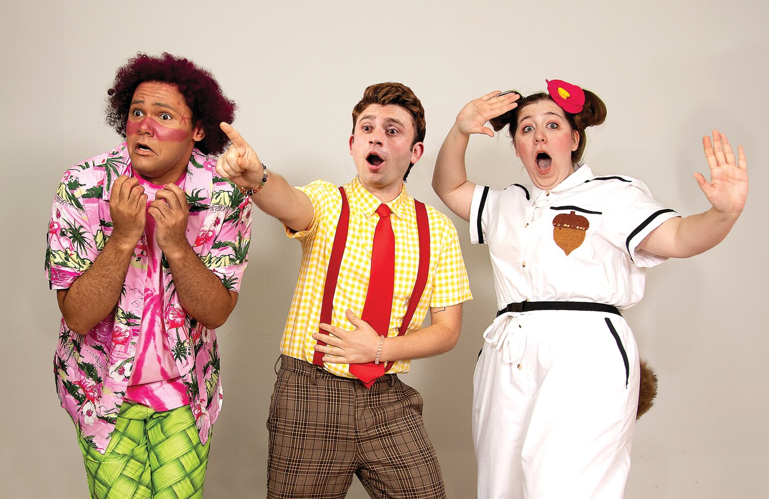 Jaden Murray of Edgewater Park, N.J., (Patrick Star), Ryan Sax of Newtown, (SpongeBob Squarepants), and Tammy Tuckey of Ambler,  (Sandy Cheeks), must save Bikini Bottom from a volcano coming their way, in Newtown Arts Company’s production of “The SpongeBob Musical,” August 15-18 at the Zlock Performing Arts Center at the Bucks County Community College.