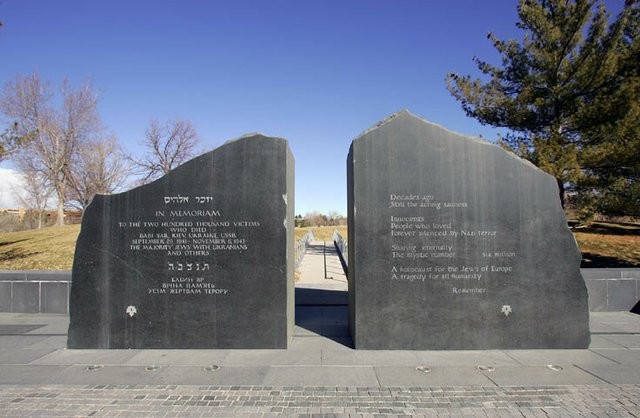The Babi Yar memorial's entrance stones. Over 200,000 individuals, mostly Jews, died at Babi Yar, Kiev, Ukraine between 1941 and 1943. Photo courtesy Denver Public Library, Rocky Mtn. News Archives, Ellen Jaskol