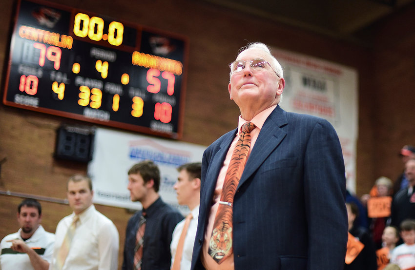 Centralia's Ron Brown soaks in the moment after his 700th career win as coach of the Tigers.