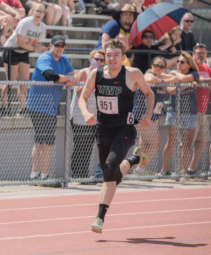 Morton-White Pass athlete Tony Belgiorno competes in the 400 meter dash during 2B boys State track in Yakima on Saturday, May 27.