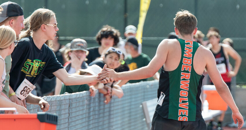 Morton-White Pass athlete Tony Belgiorno earns the support of friends during the 2B boys State long jump competition in Yakima on Friday, May 26.