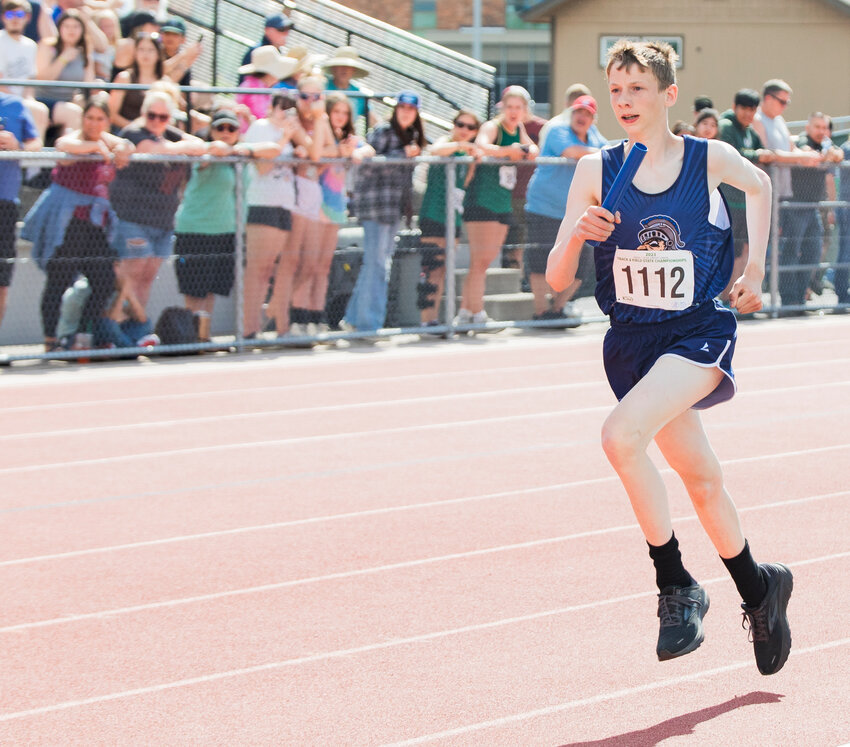 Pe Ell’s 1600 meter relay team of Wyatt Kissner,
Cowyn McGrath, Trace Shanklin and Jakob Hayes competed at the State track and field meet in Yakima on Saturday, May 27.