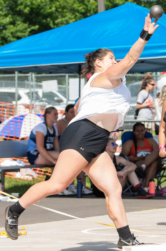 Tenino’s Trinity Takoya hurls the shot put to earn sixth place for girls 1A shot put in the finals at the State track and field meet in Yakima on Friday, May 26.