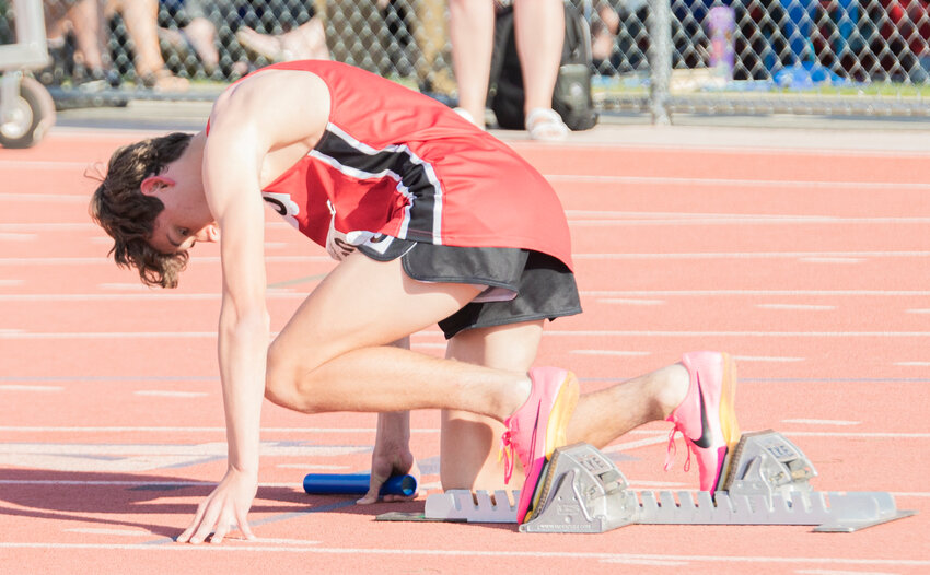 Toledo’s Trevin Gale gets on his mark for the 2B boys 4x400 meter relay State championship during the track and field meet in Yakima on Saturday, May 27.