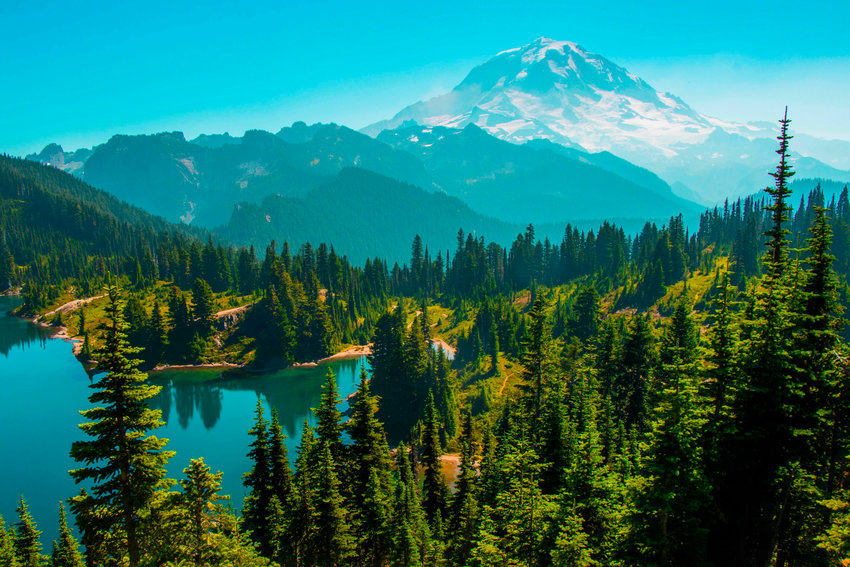 Mount Rainier is viewed from the Tolmie Peak Fire Lookout  on Sept. 8, 2020.