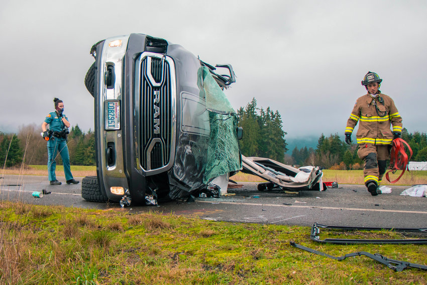 FILE PHOTO &mdash; Emergency crews respond to a rollover crash along U.S. Highway 12 in Rochester near the intersection of Moon Road SW in 2020.