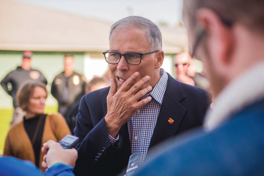 Governor Jay Inslee talks during a press conference at the Southwest Washington Fairgrounds in Chehalis in 2019.