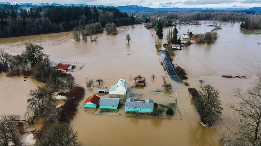 Independence Valley is seen from above as the Chehalis River floods properties in January 2022.