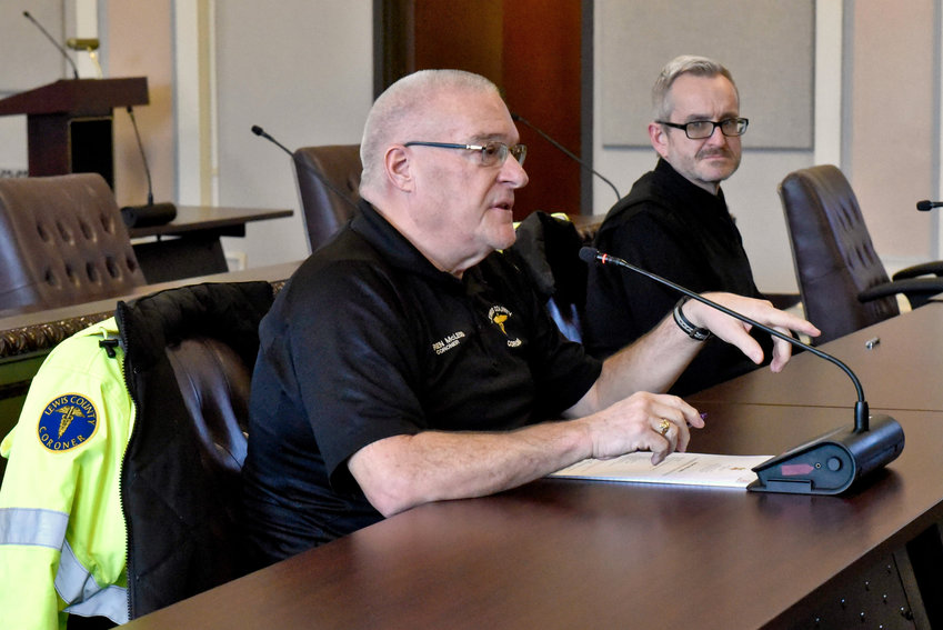FILE PHOTO &mdash; Lewis County Coroner Warren McLeod speaks during a meeting at the Lewis County Courthouse in January, 2023.