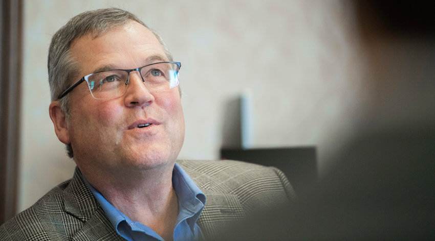House Minority Leader J.T. Wilcox, R-Yelm, talks about ongoing issues in his area of the state while answering questions from reporters Friday, Jan. 20, 2023.