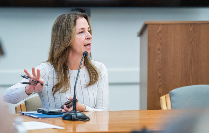 Commissioner of Public Lands Hilary Franz answers questions on carbon sequestration during a panel with reporters and broadcasters at the Capitol on Thursday, Feb. 16.