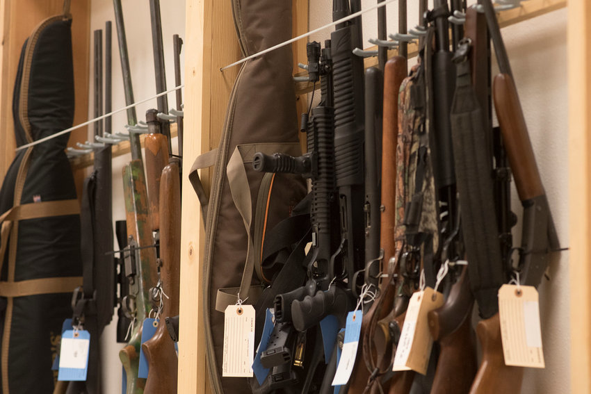 A rack of guns is pictured on Friday, May 24, 2019. The guns were at one point seized by Lewis County deputies during either criminal or civil matters. The guns are stored in a secured property facility maintained by the Lewis County Sheriff&rsquo;s Office.