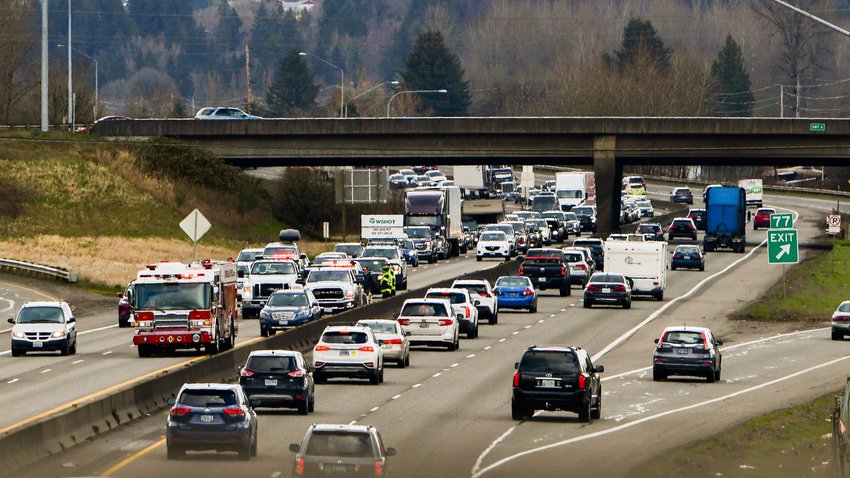 First responders and crews from the Washington State Department of Transportation respond to a scene near milepost 77 along Interstate 5 in Chehalis where multiple collisions were reported in this April 2023 Chronicle file photo.