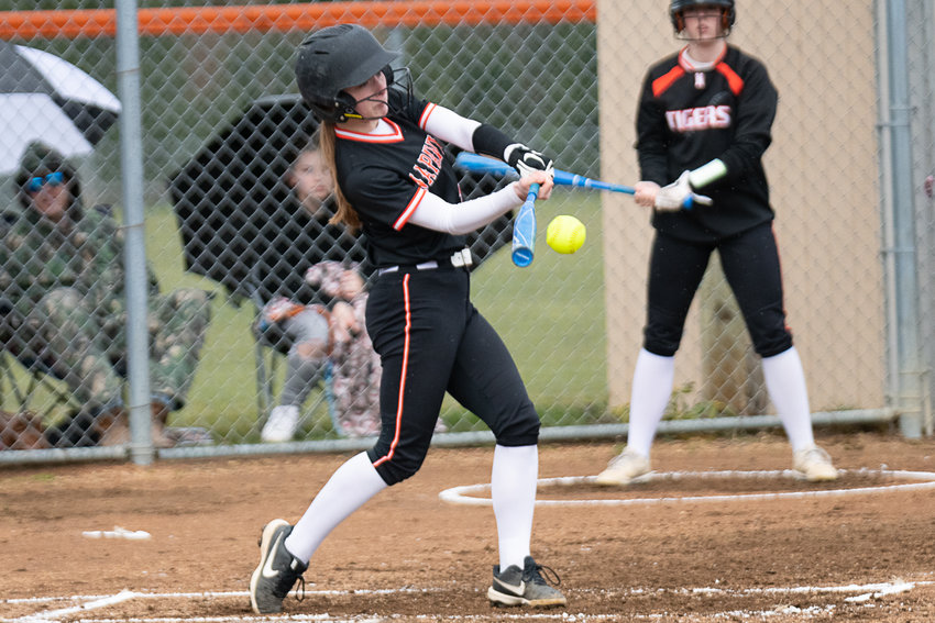 Clara Fay makes contact during Napavine's 9-8 win over Raymond-South Bend on April 4.