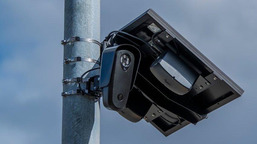 A Flock Safety camera is seen at the corner of West First Street and North Pearl Street in downtown Centralia.
