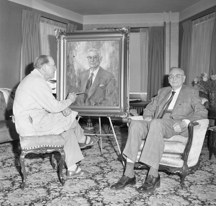 ROM THE ARCHIVES:   “A nationally-known artist, Roy Keister, from Texas, is shown at work on a fine oil painting of pioneer Chehalis W. F. West, at right.  Painting was from photos of Mr. West and from sittings by elder Chehalin.  Painting is hung in W.F. West high school.”   This photo was originally published on Aug.  27, 1959.