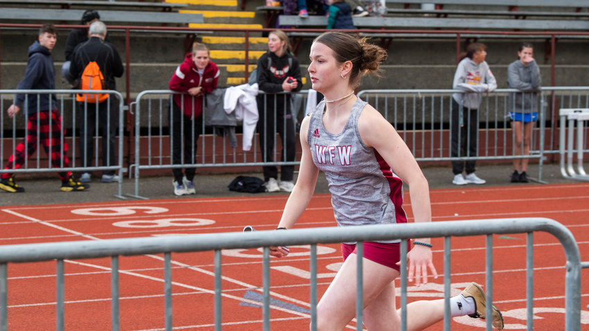 W.F. West sophomore Amanda Bennett runs a 4x400 relay at Bearcat Stadium in Chehalis on Wednesday, April 12, 2023.