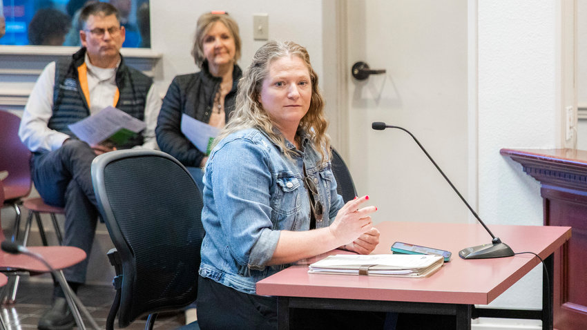 Forensic Interviewer and Clinic Coordinator Samantha Mitchell, with the Youth Advocacy Center of Lewis County,  discusses statistics with the Centralia city council during a meeting on Tuesday, April 12, 2023.