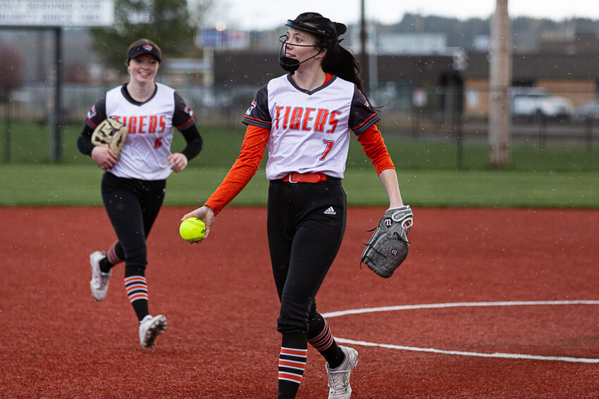 Centralia pitcher Peyton Smith smiles after recording a complete game shutout against Rochester at Rec Park April 19.