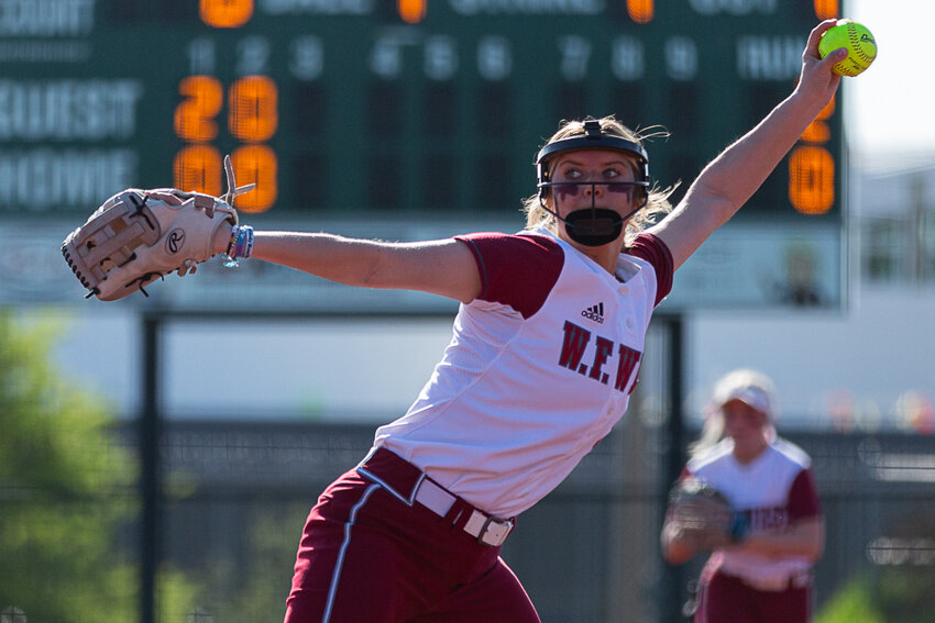 W.F. West's Staysha Fluetsch winds up to deliver a pitch against Rochester April 28.