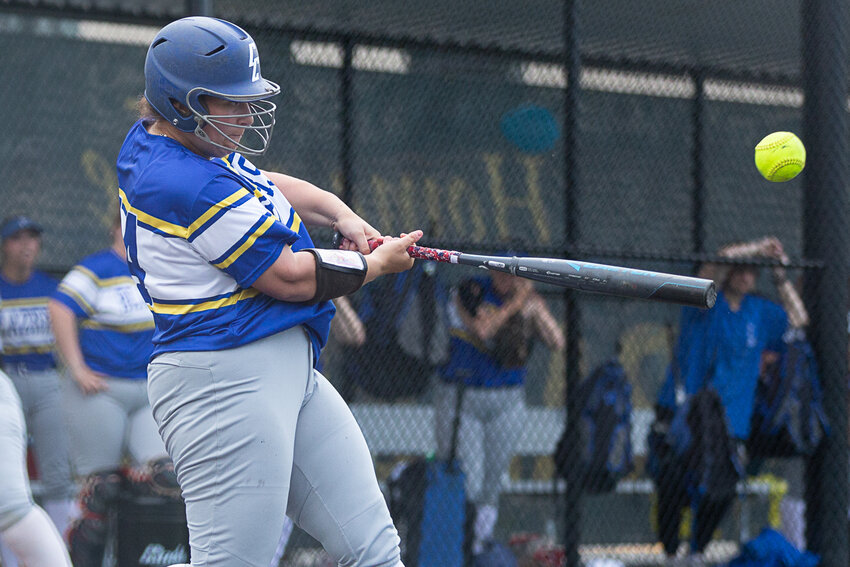Centralia College's Ava Bush makes contact with a pitch against Lower Columbia May 2.