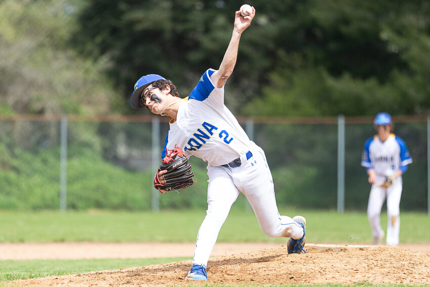 Adna's Tristan Percival releases a pitch in an 8-1 win over Pe Ell-Willapa Valley in the 2B District 4 quarterfinals in Pe Ell May 6.