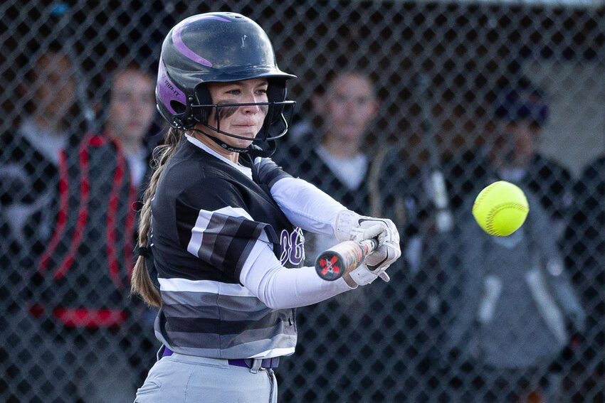 Onalaska infielder Yuliana Escalera makes contact with a pitch against Mossyrock May 8.