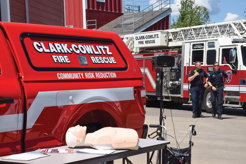 One of two Clark-Cowlitz Fire Rescue co-response unit trucks sits in front of CCFR firefighters returning from a call at CCFR Station 21 on May 10.
