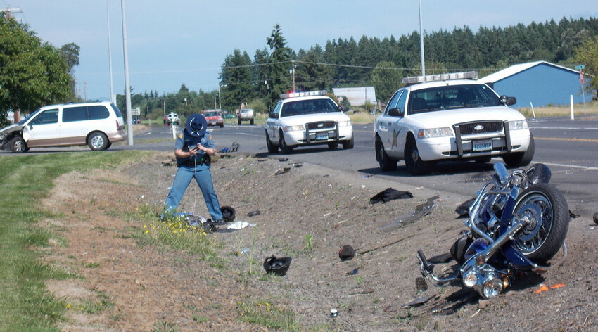 The driver and passenger of a westbound motorcycle had to be flown by separate helicopters to regional trauma hospitals after crashing into a van that was making an improper turn, according to the Washington State Patrol, which responded to this scene along U.S. Highway 12 in 2012.