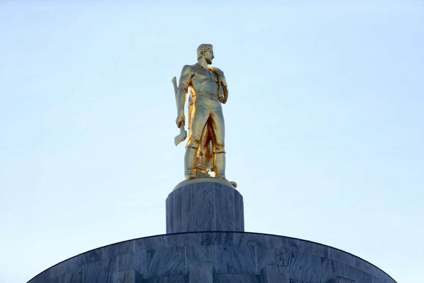 The Oregon Pioneer, aka Gold Man, atop the state capitol building in Salem on Saturday, Jan. 29, 2022.