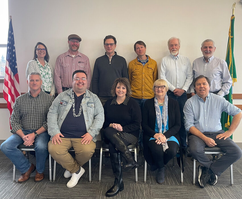 Pictured in the top row, from left to right, are former Office of Chehalis Basin director Andrea McNamara Doyle and Chehalis Basin Board members Josh Giuntoli, Steve Malloch, Michael Garrity and Rich Doenges, and facilitator Sam Imperati. In the bottom row, from left to right, are Chehalis Basin Board members Glen Connelly, Tyson Johnston (Quinault Indian Nation), Vickie Raines, Edna Fund and J. Vander Stoep.