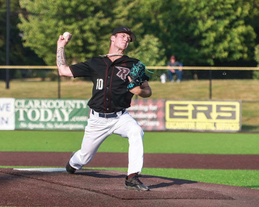Camden Orem throws a pitch in the first inning of Ridgefield&rsquo;s 10-3 victory over the Portland Pickles at the Ridgefield Outdoor Recreation Complex on Wednesday, July 5.