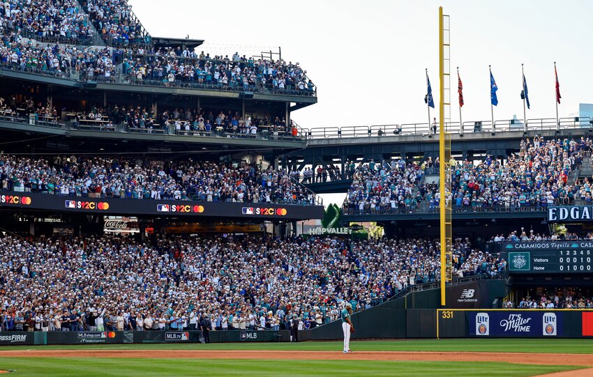 The ballpark takes a moment of silence for the &ldquo;Stand Up to Cancer&rdquo; segment during the 2023 MLB All-Star Game July 11, 2023, at T-Mobile Park, in Seattle.  (Dean Rutz/The Seattle Times/TNS)