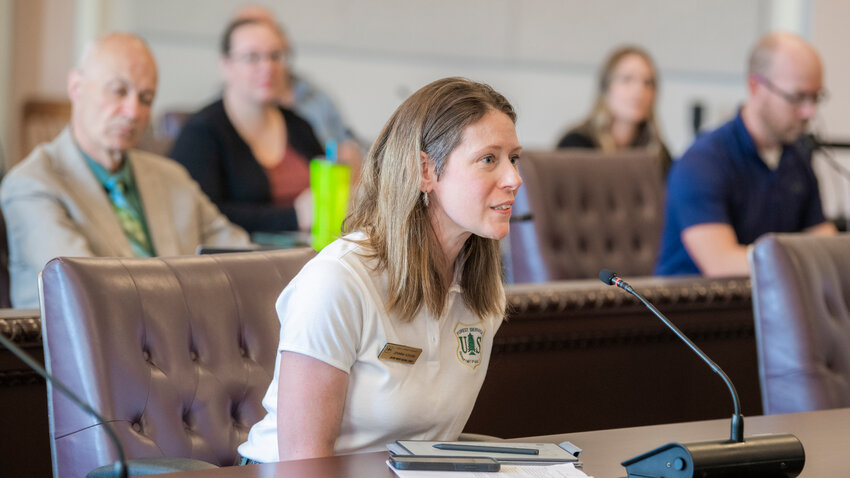 Gifford Pinchot National Forest Supervisor Johanna Kovarik speaks to the Board of Lewis County Commissioners on Tuesday at the Lewis County Courthouse in Chehalis.