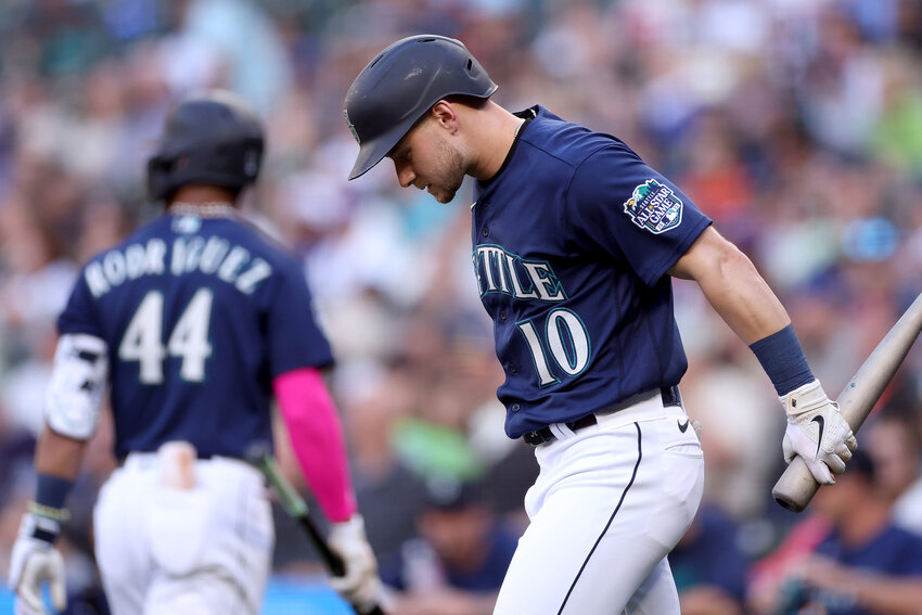 Jarred Kelenic (10) of the Seattle Mariners prepares for his at bat against the Minnesota Twins at T-Mobile Park on July 17, 2023, in Seattle. (Steph Chambers/Getty Images/TNS)