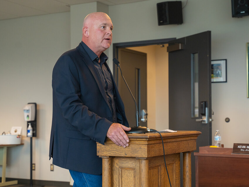 Lewis County Commissioner Scott Brummer presents on 9-1-1 Communications during the Chehalis City Council meeting on Monday, July 24, 2023.