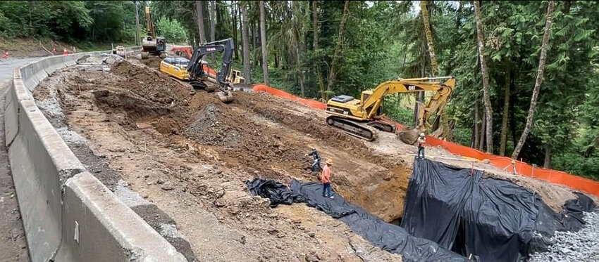 Crews work to repair Little Hanaford Road east of Centralia in this photo provided by the county.